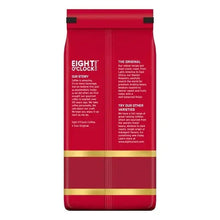 Medium roast whole bean coffee bag, back view with brand and details