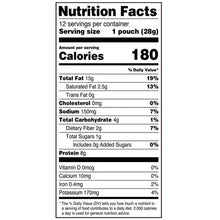Nutrition facts table: 180 calories per pouch for dry roasted peanuts