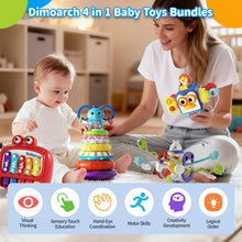 Baby toy bundle with blue elephant stacking rings and red 4-key activity toy