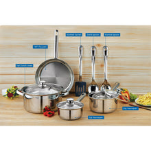 Stainless steel cookware set featuring frying pan, saucepans, and serving utensils