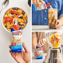 Vanilla protein shake carton held near blender with creamy smoothie in glass