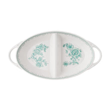 Green stoneware oval divided serving bowl with floral medallion design and loop handles