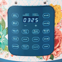 Teal touch control panel with 0:25 timer and cooking function buttons