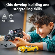 Child playing with a yellow LEGO convertible and a black SUV building toy
