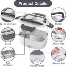 White heated lunch box with handle, indicator light, silicone seal, spoon and fork box