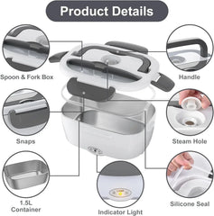 Electric Lunch Box Food Heater, AOKIWO 80W Electric Heating Lunch Boxes for Car/Men/Adults/Home/Work, 1.5L Removable 304 Stainless Steel Container, 110V/12V/24V, with Fork & Spoon