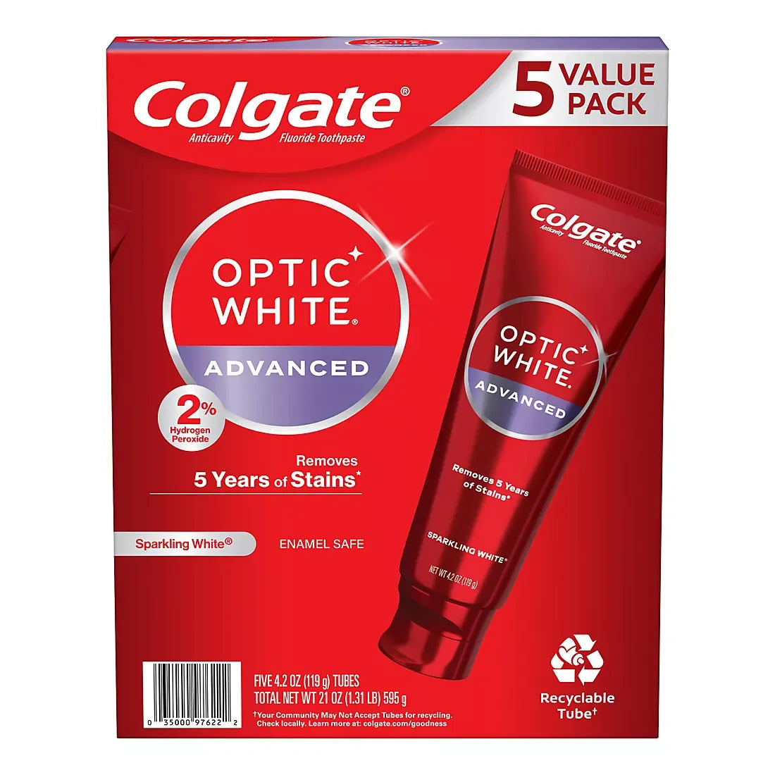 Colgate Optic White Advanced Hydrogen Peroxide Toothpaste 5 pk./4.2 oz. - Sparkling White - USA MEGA SHOP