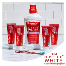 Colgate Optic White whitening toothpaste bottle, tubes, and toothbrush