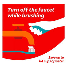 Toothpaste package graphic: turn off the faucet while brushing