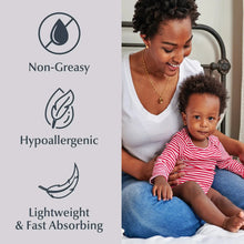 Caregiver holding baby while applying lightweight lotion, with feature icons