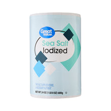 Great Value sea salt iodized canister, net wt 24 oz (1 lb 8 oz)