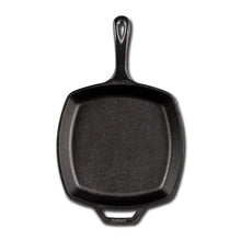 Square cast iron skillet with short handle, dark pre-seasoned interior surface.