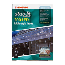 Sylvania Stay-Lit 200-count cool white LED icicle lights in retail packaging