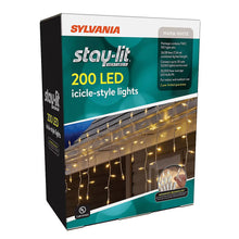 Sylvania Stay-Lit 200-count warm white LED icicle lights in retail packaging