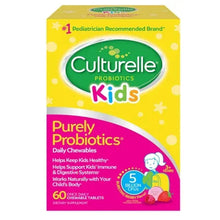 Culturelle Kids probiotic chewable tablets box, yellow and magenta front panel