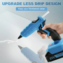 Blue cordless hot glue gun applying clear hot glue on a work surface