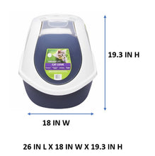 Enclosed cat litterbox, navy base and white top; size 26 x 18 x 19.3 in.