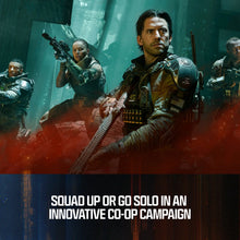 Co-op shooter game scene with multiple tactical soldiers carrying rifles in a tunnel