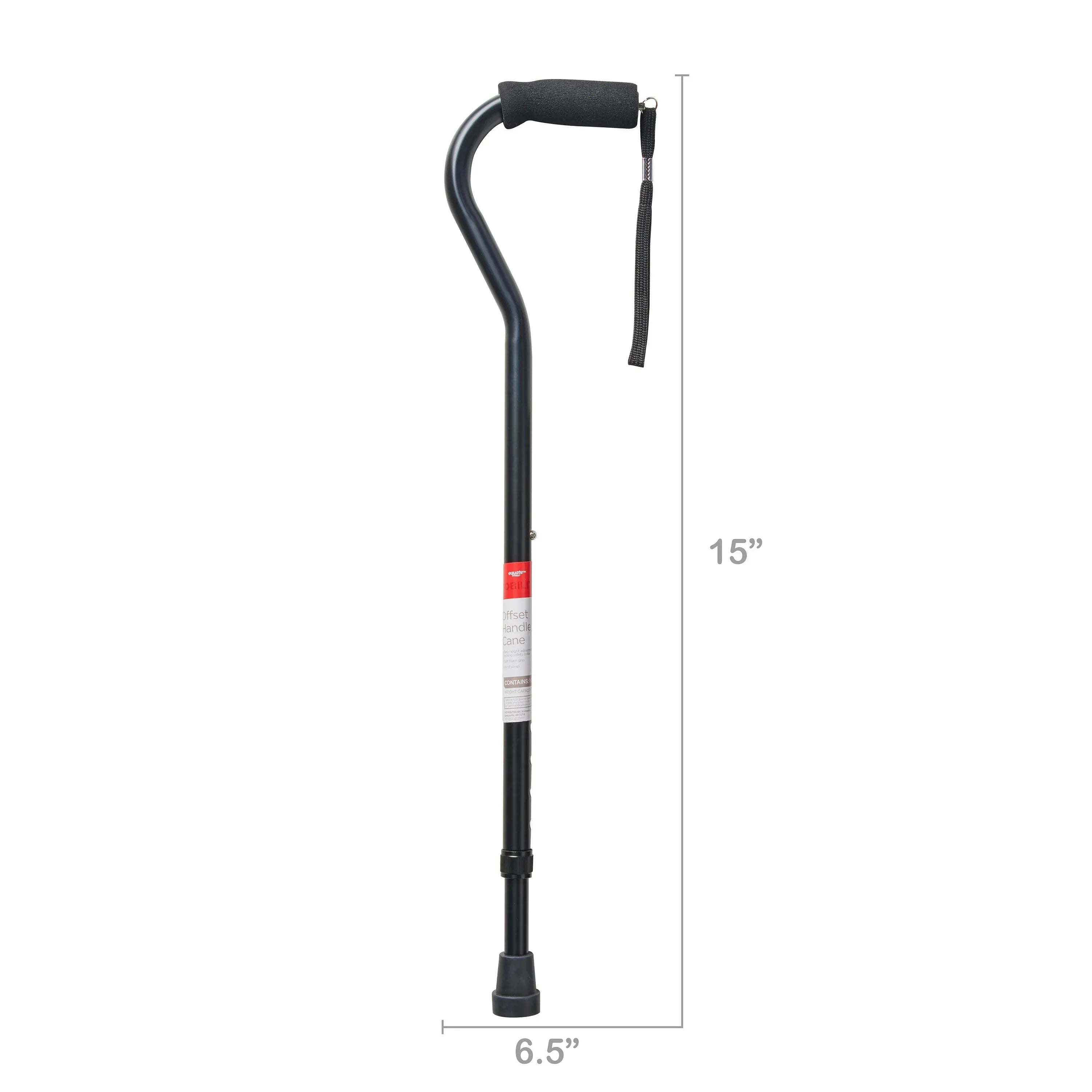 Equate Mobility Aluminum Offset Handle Cane with Foam Handle, Adjustable Height, Black