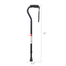 Adjustable height black cane with foam grip; 15 in tall, 6.5 in base width