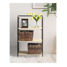 Rectangular woven storage baskets on a metal shelf, dark bronze open top