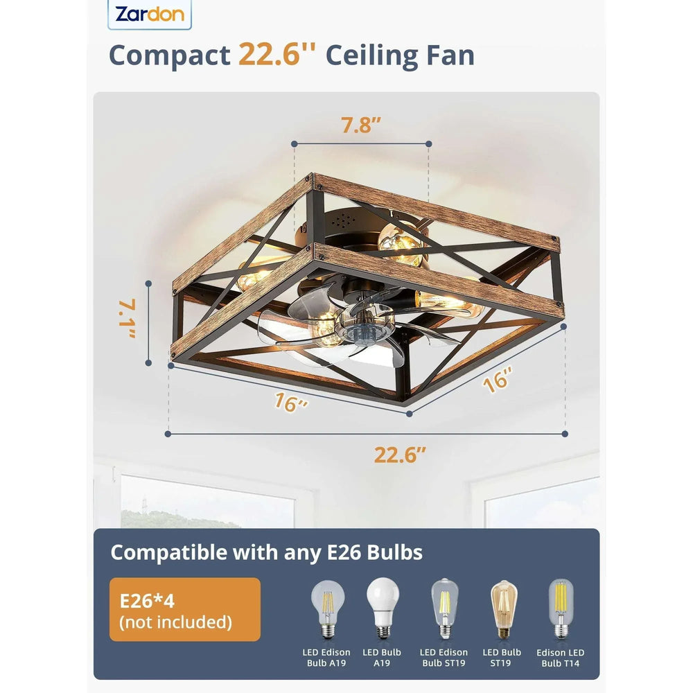 Zardon 16" Low Profile Caged Ceiling Fan with Light & Remote Control, Modern Brown Wood Finish, 6-Speed Quiet DC Motor for Indoor Spaces - USA MEGA SHOP