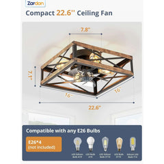 Zardon 16" Low Profile Caged Ceiling Fan with Light & Remote Control, Modern Brown Wood Finish, 6-Speed Quiet DC Motor for Indoor Spaces - USA MEGA SHOP