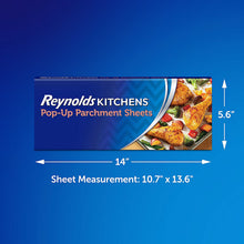 Reynolds Kitchens pop-up parchment sheets box with size measurements