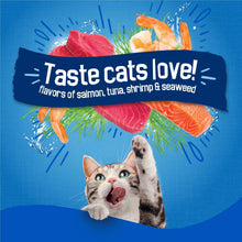Seafood sensations dry cat food bag with salmon, tuna, shrimp, and seaweed