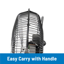 Metal fan rear wire cage with carry handle, close-up