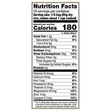 Nutrition facts panel for brown rice, 180 calories per 1 cup cooked serving.
