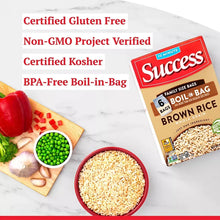 Brown rice boil-in-bag pouch with gluten-free and non-GMO badges, plus peas & rice bowl.
