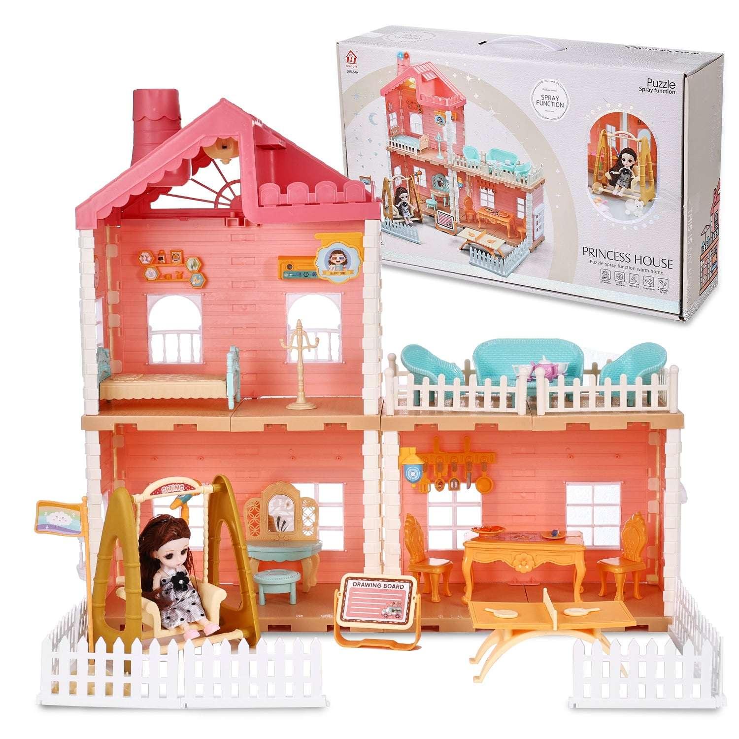 Hengswere 19Inch Dollhouse for Girls, 3 Rooms Princess Dollhouses with Furniture & Accessories and Doll Toy, Premium ABS Plastic, Pink - USA MEGA SHOP