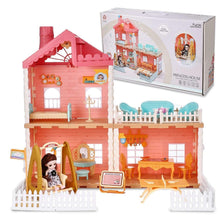 Pink two-story dollhouse with furnished rooms, accessories, and a white fence