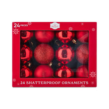 Red shatterproof Christmas ornaments in box, assorted red ball styles