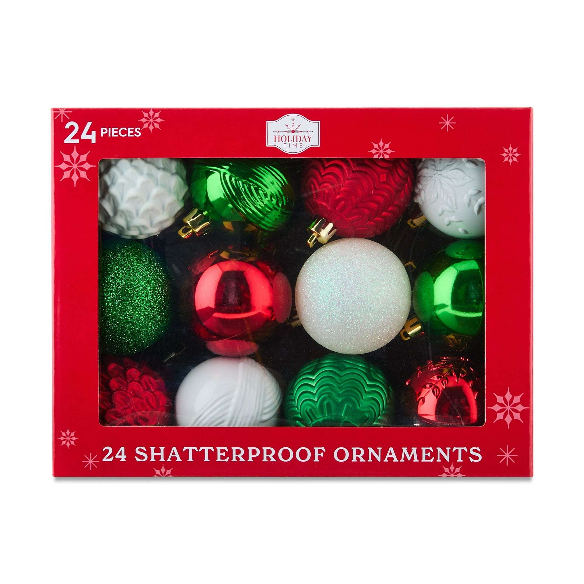 24-Count Red Shatterproof Multi-Textured Christmas Ornaments, 2.36 in, by Holiday Time