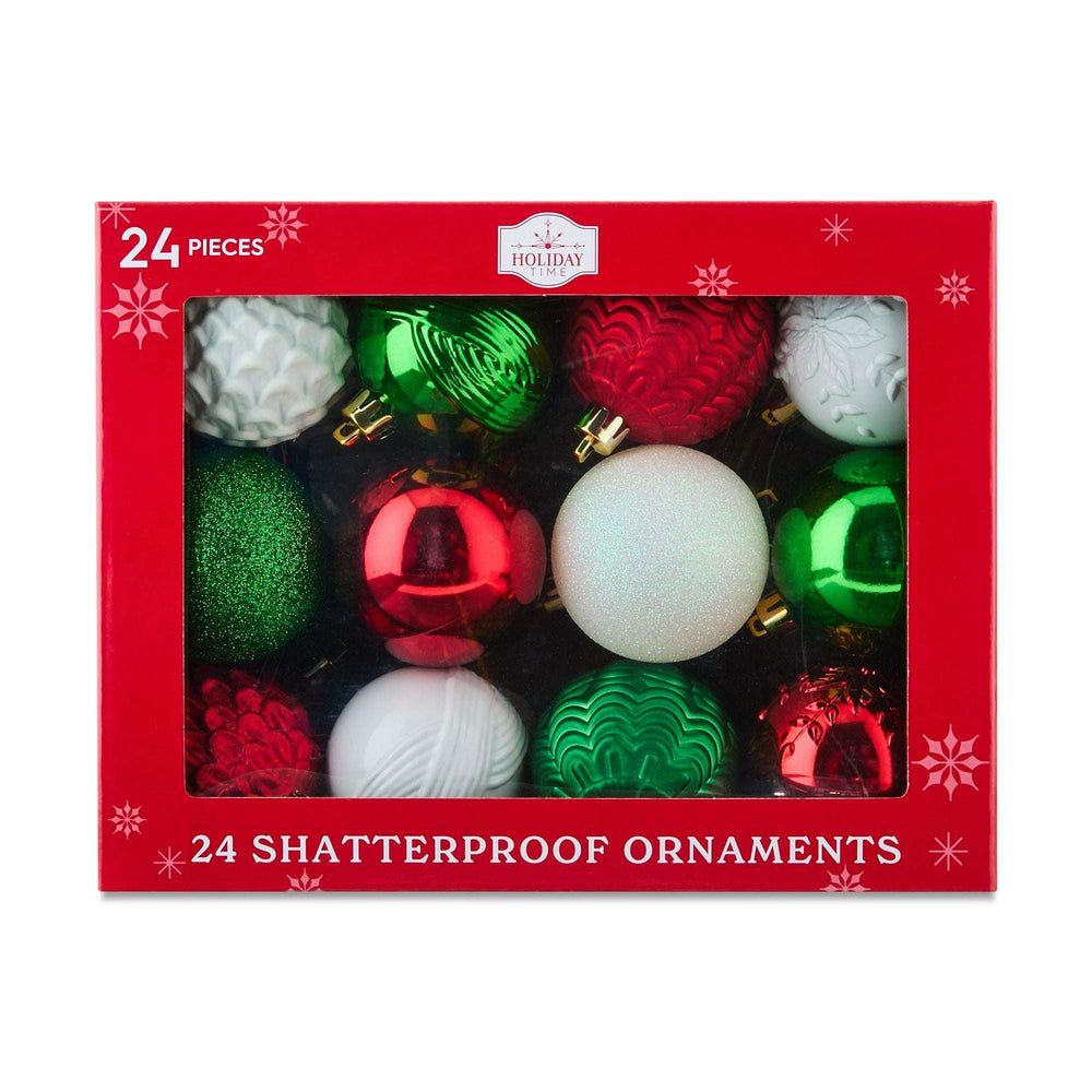 24-Count Red Shatterproof Multi-Textured Christmas Ornaments, 2.36 in, by Holiday Time