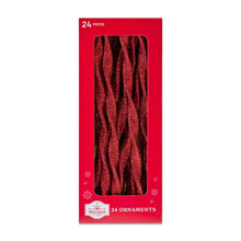 Set of 24 red glitter icicle Christmas ornaments in retail box