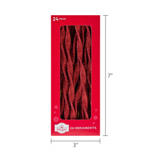 7-inch red glitter icicle ornaments, 24-piece retail box with size markings