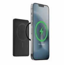 Wireless magnetic power bank with LED charging indicator, black case and phone