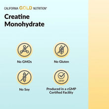 Creatine Monohydrate info panel with badges: No GMOs, No Gluten, No Soy, cGMP