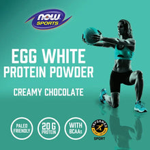 Egg white protein powder creamy chocolate ad with athlete and NOW Sports logo