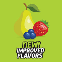 Fruit icon graphic with pear, strawberry, and berry beside zoo gummy shapes