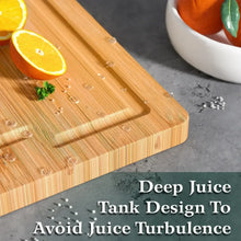 Bamboo cutting board with deep juice groove and raised rim for collecting juices.