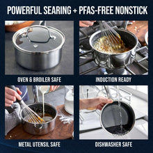 Stainless steel saucepan with lid, dark nonstick interior shown
