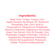 Dog food ingredients list with red text including beef, pork, turkey, oils, and supplements