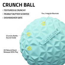 Turquoise crunchy ball toy with sound insert, peanut butter scented, textured