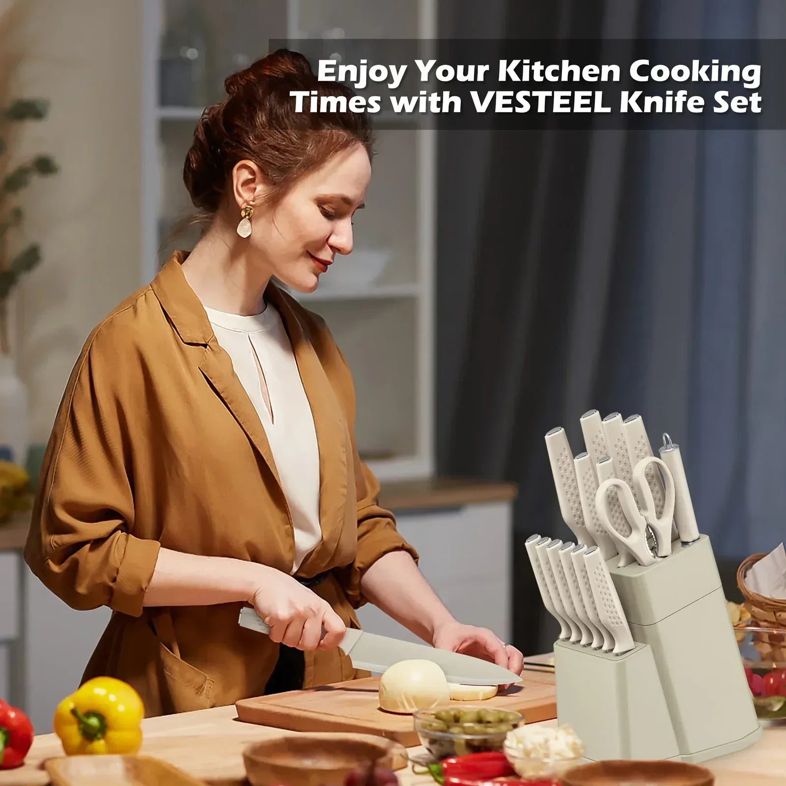 Vesteel Knife Block Set for Kitchen, 15-Piece High Carbon Stainless Steel Knives Set with Ergonomic Handle, Ultra-sharp & Rust Resistant
