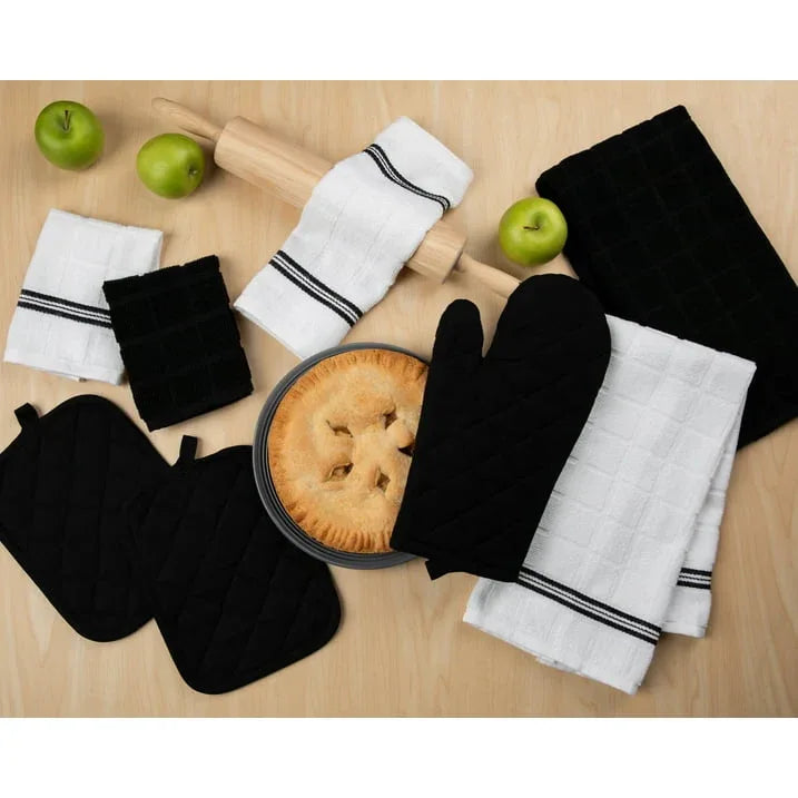 Mainstays 8-Piece Cotton Kitchen Towel, Dishcloth, Oven Mitt, and Pot Holder Set, Black - USA MEGA SHOP
