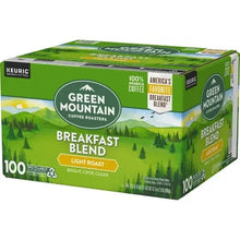 Green Mountain Breakfast Blend light roast K-Cup pod box corner view, 100 count